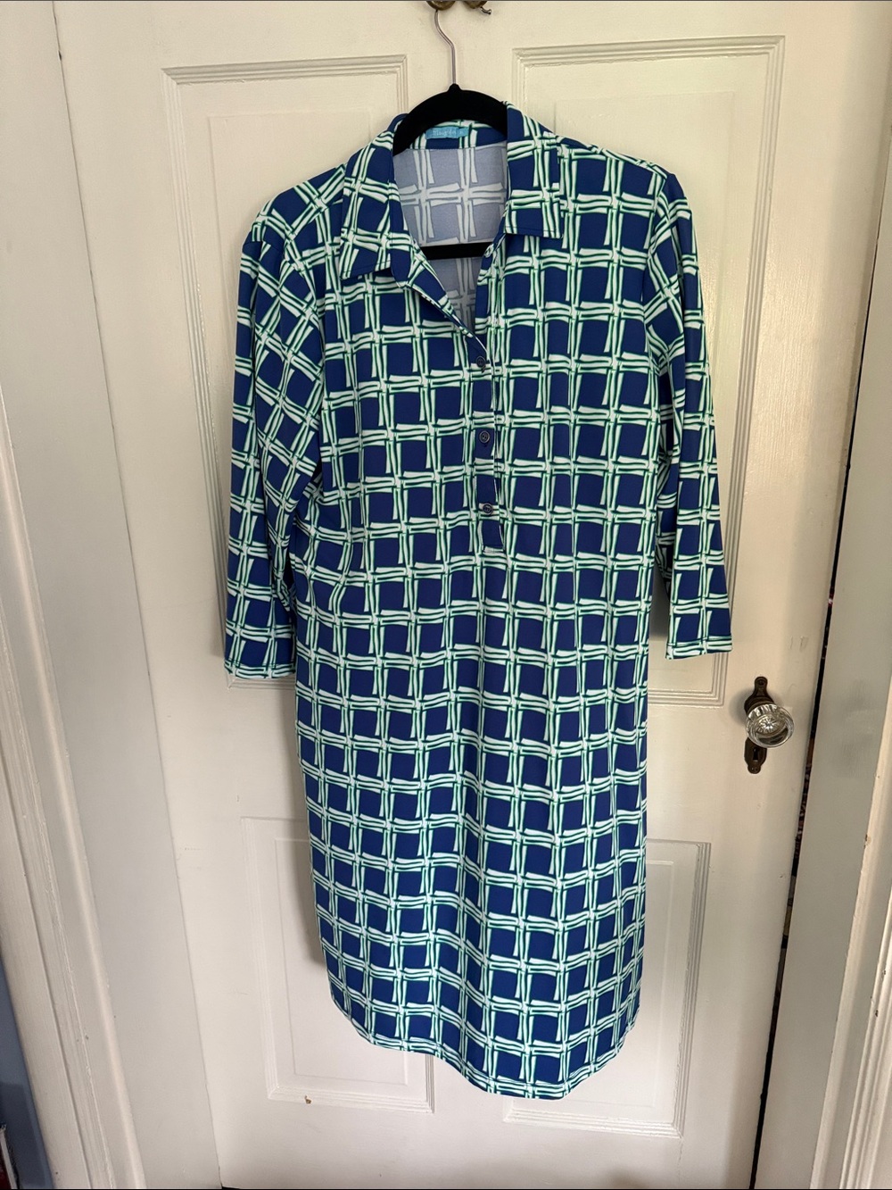 McLaughlin XL Blue & Green Geometric Button-Front Shirt Dress. Washable!! Cool.